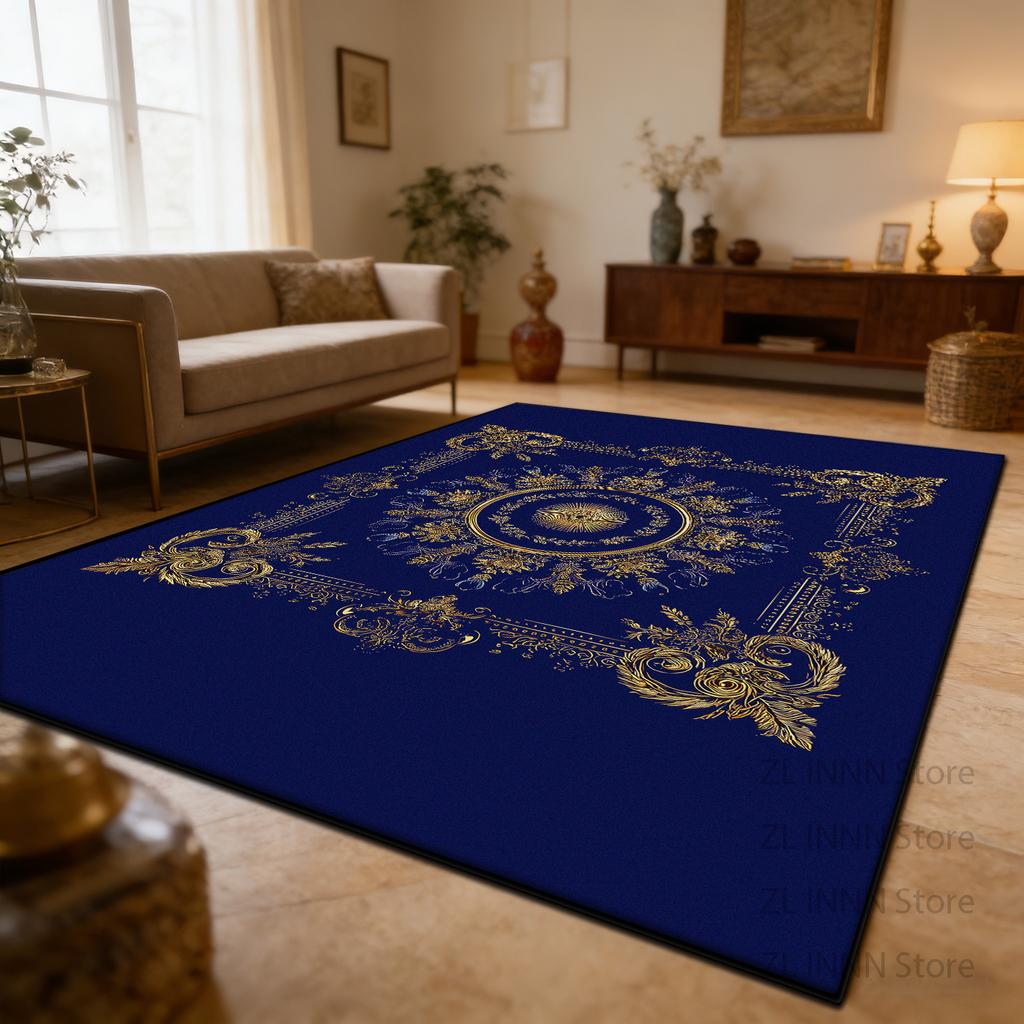 Teppich für Wohnzimmer Europäischer Stil Luxus Blauer Teppich Dekoration Zuhause Maschinenwaschbar Weich Rutschfeste Matte Große Größe Anpassbar