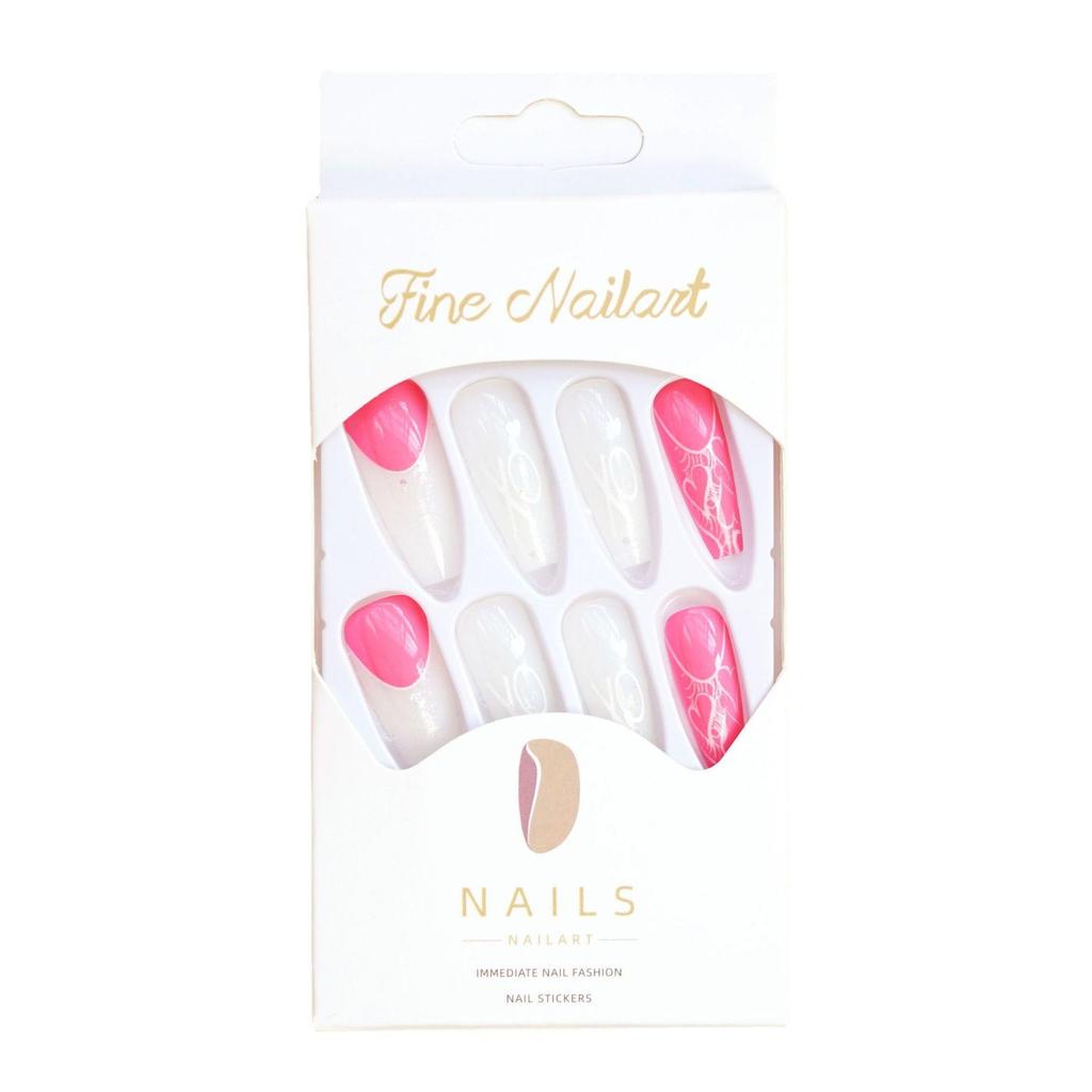 Różowe Serce Gwiezdne Długie Sztuczne Paznokcie - Naklejki Artystyczne do Noszenia, 24 Sztuki