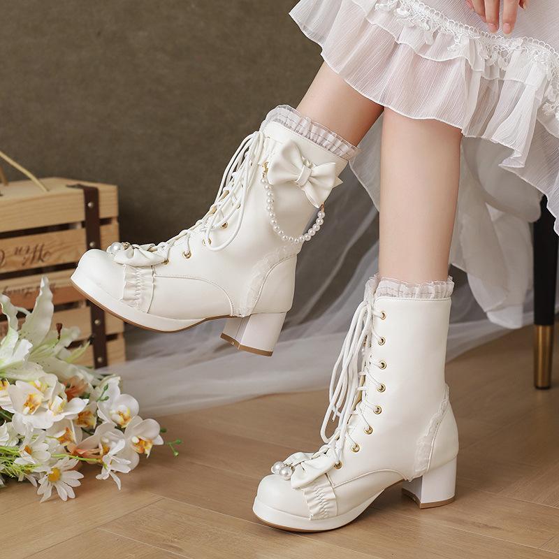 Winter Girls Ankle Boots Sweet Lolita Bowknot Lace Party Wedding Shoes Women High Heels Girls Princess Cosplay Fur Boots 30-43