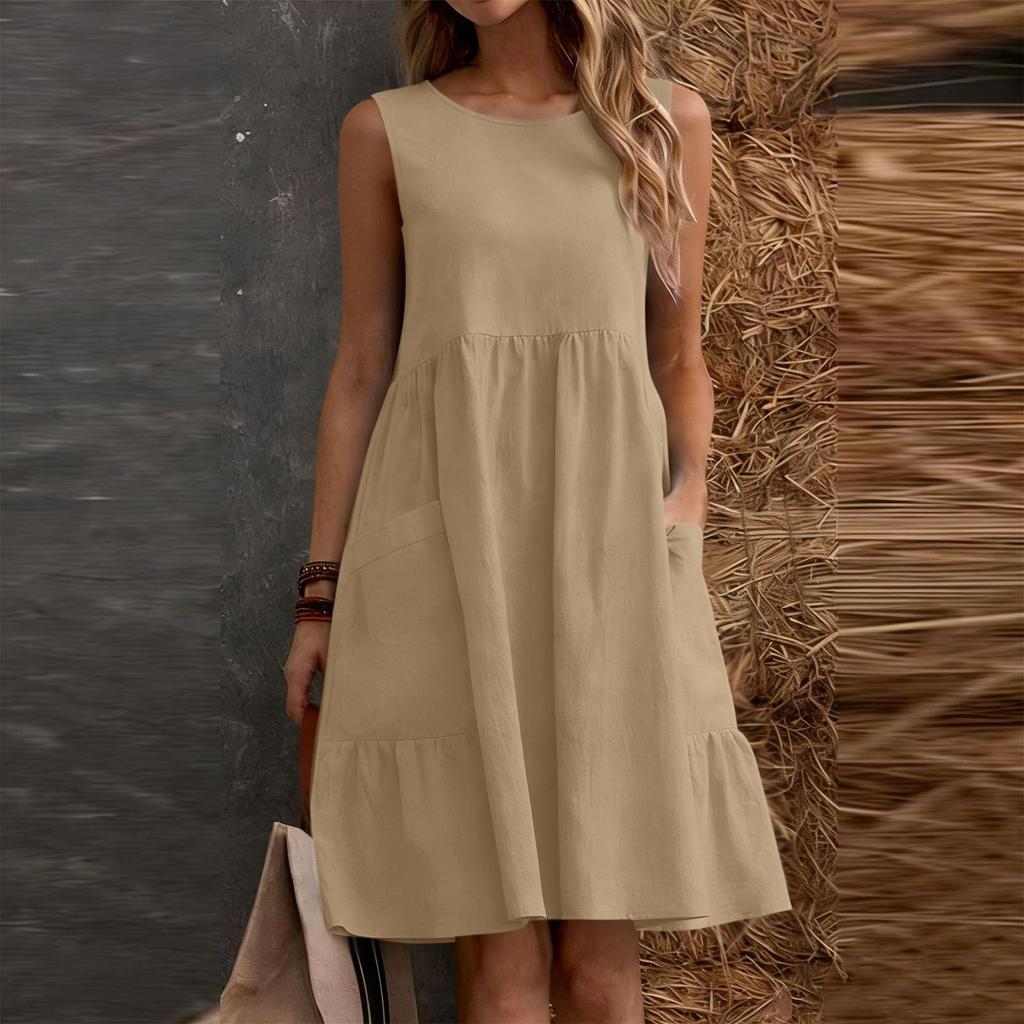 Women's Sleeveless Casual Sundress Cotton Linen A Line Dress with Pockets Summer Relaxed Fit Crew Neck Dress