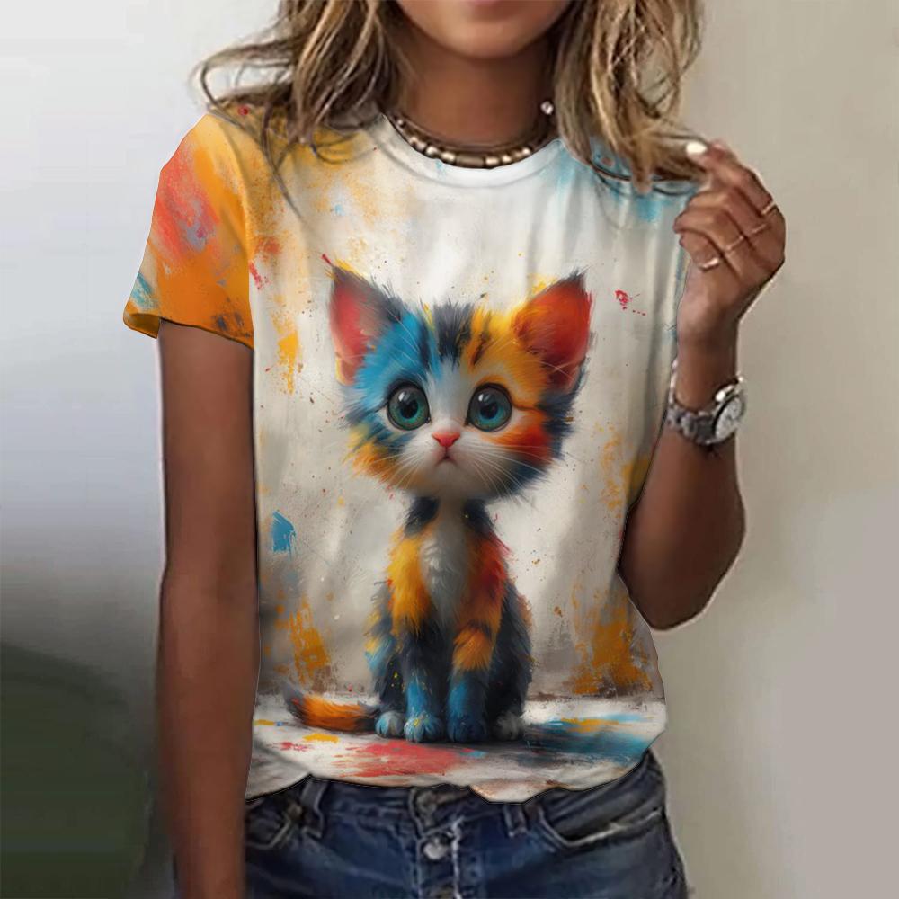 Street Pattern Girl Summer Casual Short Sleeve 3D Printed Women's Fashion Cat Women's T-shirt