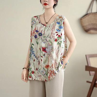 Summer Women Round Neck Floral Print Loose Sleeveless Top