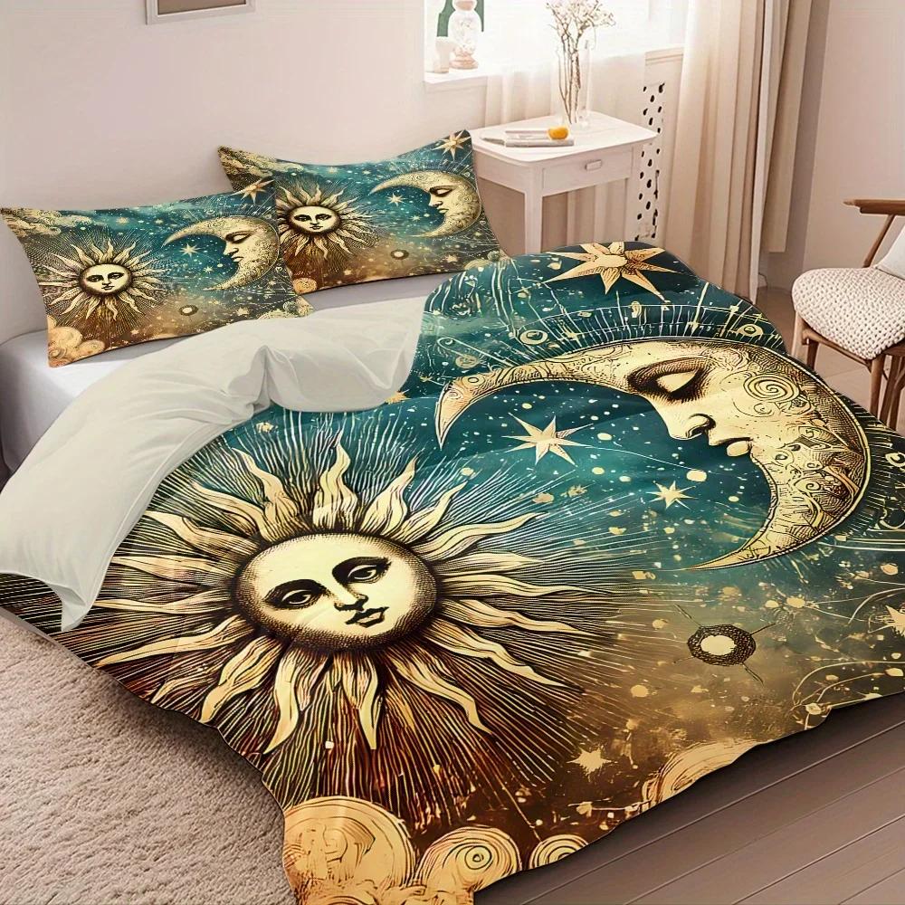 3pcs Gorgeous Sun Moon Texture Printed Quilt Set- Includes 1 Quilt Cover and 2 Pillow Cover (without Filler)