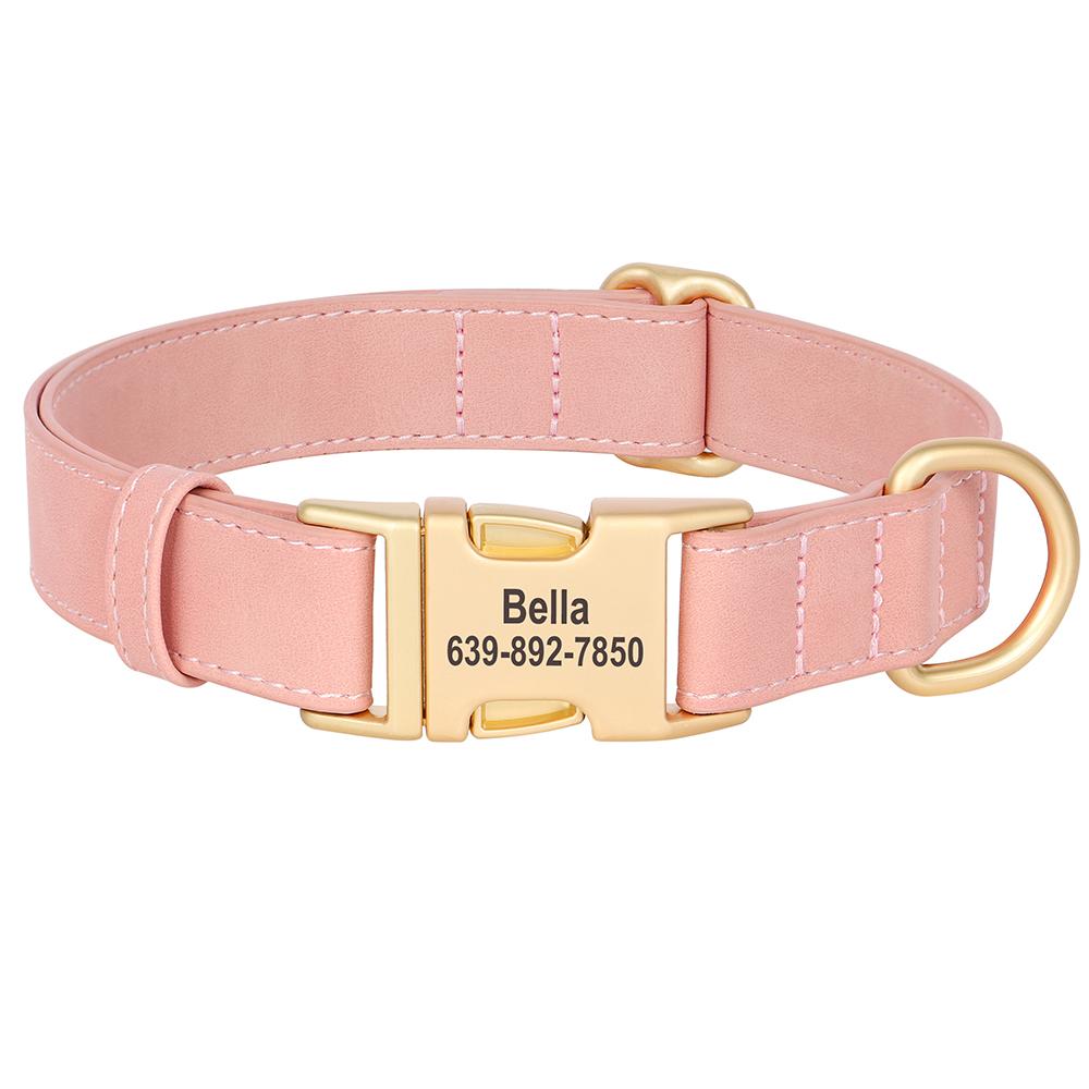 Custom Dog Collar PU Leather Dogs Collars Personalized Pet Necklace Adjustable for Small Medium Large Dogs Bulldog Pug Pink