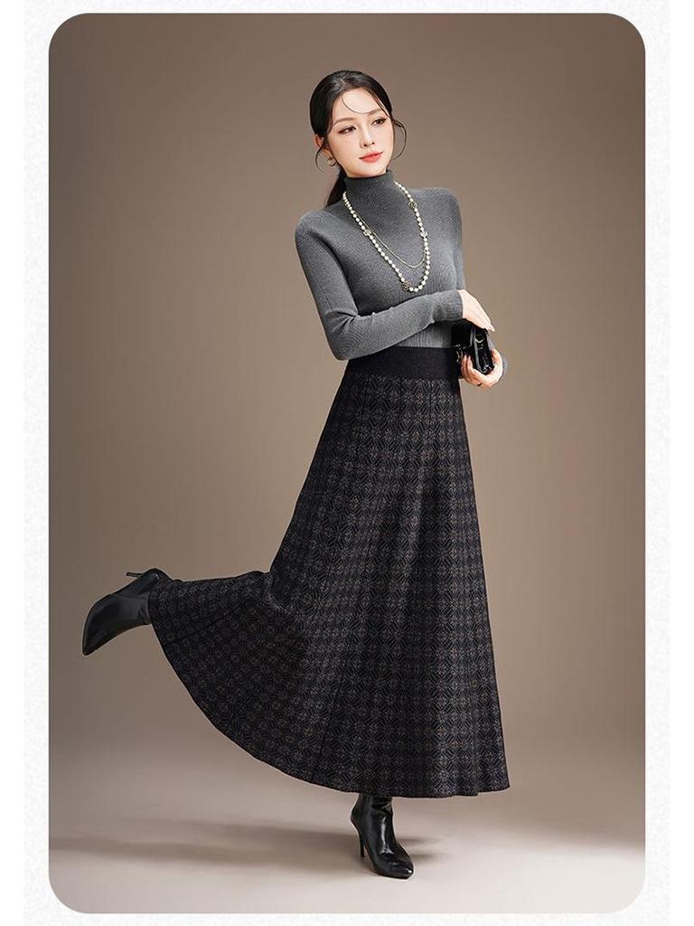 2025 Winter Women's High Waist Knit Pleated Wool Midi Skirt