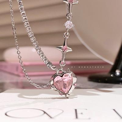 Roze hart hanger ketting voor pittig meisje vrouwen kristal liefde sleutelbeen ketting licht luxe meisjes zoete sieraden verzilvering trendy accessoires