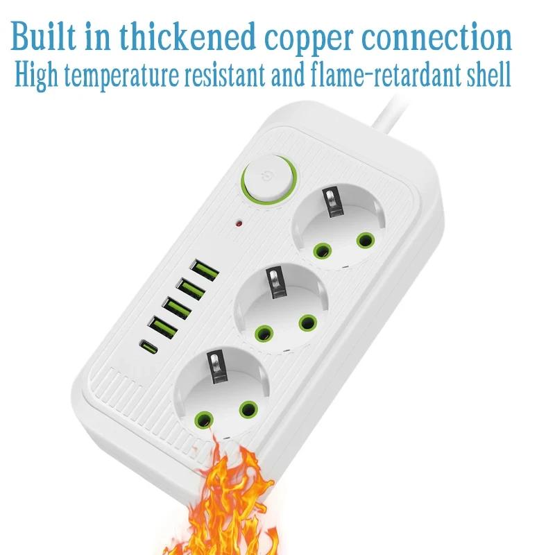 F14U F20U EU Plug Power Strip 2M Extension Cable 4/8 AC Outlets Electrical Socket With USB Type C Network Filter Fast Charging