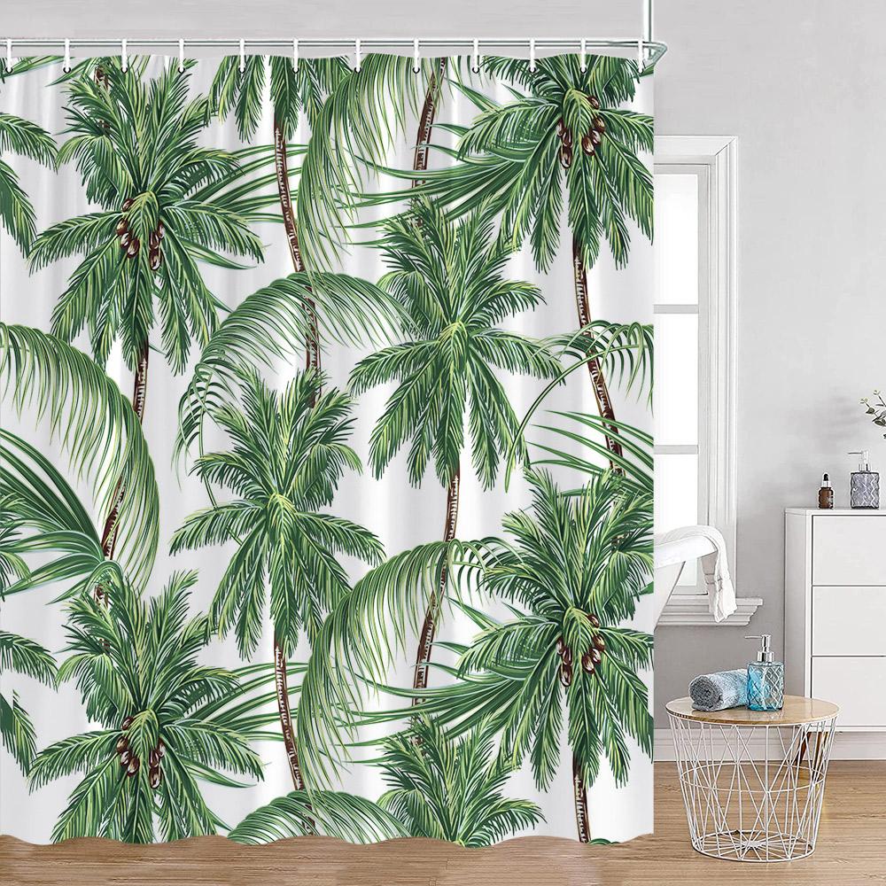 Green Leaves Shower Curtains Monstera Palm Leaf Green Plants Botanical Bathroom Curtain Greenery Bath Deorations with Hooks
