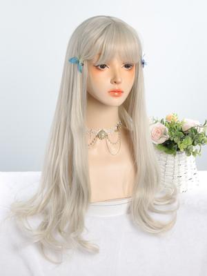 Pelucas sintéticas para cosplay color ceniza claro con flequillo, largas, rizadas, onduladas, estilo Lolita, para Halloween, de fibra resistente al calor.