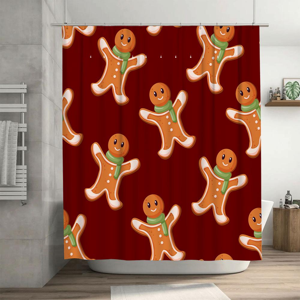 Christmas-themed Shower Curtain with Gingerbread Man Pattern Holiday Bathroom Decor Red Fabric Shower Curtain for Home Decoratio