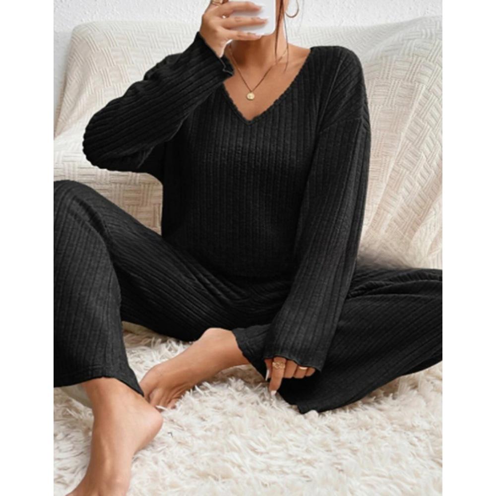Women's Set of Loose Casual Long-sleeved V-neck Pit Striped Brushed Top and Trousers 2-piece Set