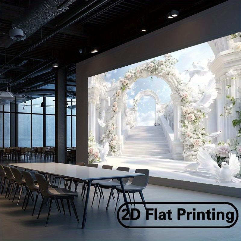 2D flat elegant paradise-themed 2D flat banner - ethereal white flower arches with roses and doves soft blue sky background