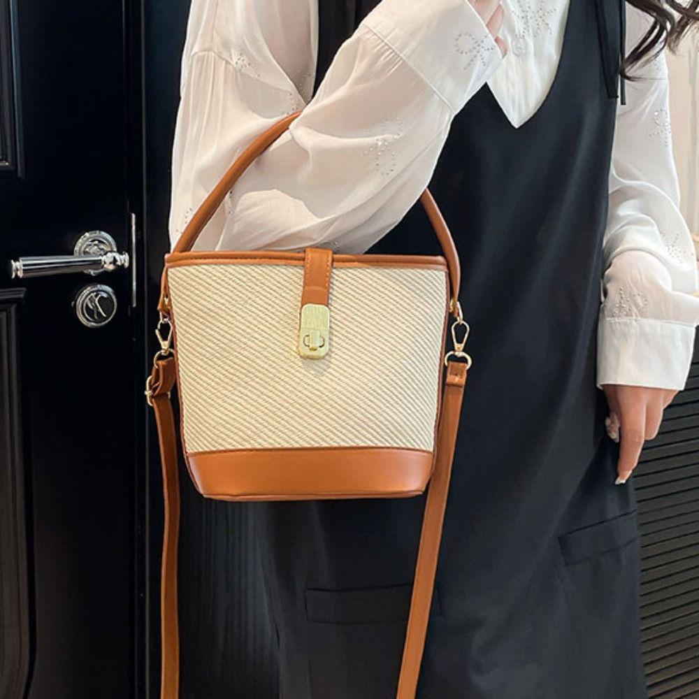 

Twist Lock Women PU Crossbody Bag Adjustable Strap Commuting Handbag Crossbody Bucket Bag Outdoor білий
