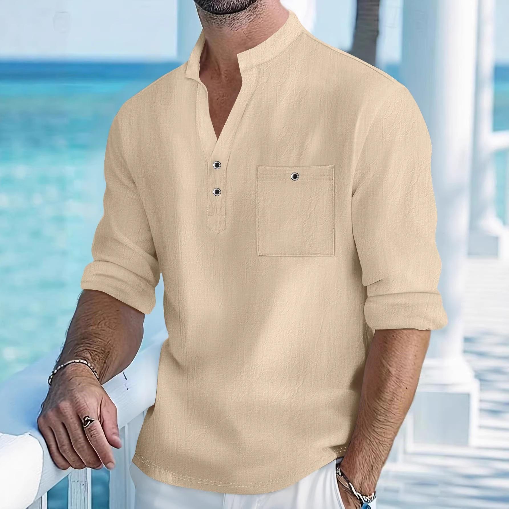 Mens Casual Loose Stand Collar Long Sleeve Linen Blend Shirt S