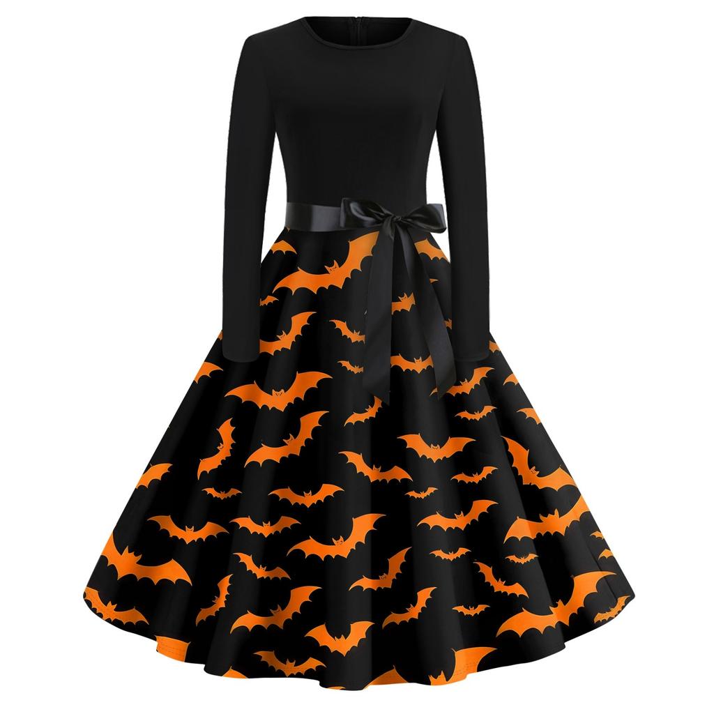 Halloween Print Flare Dress For Women Long Sleeve Dress Hollow Party Casual Round Neck Dresses
