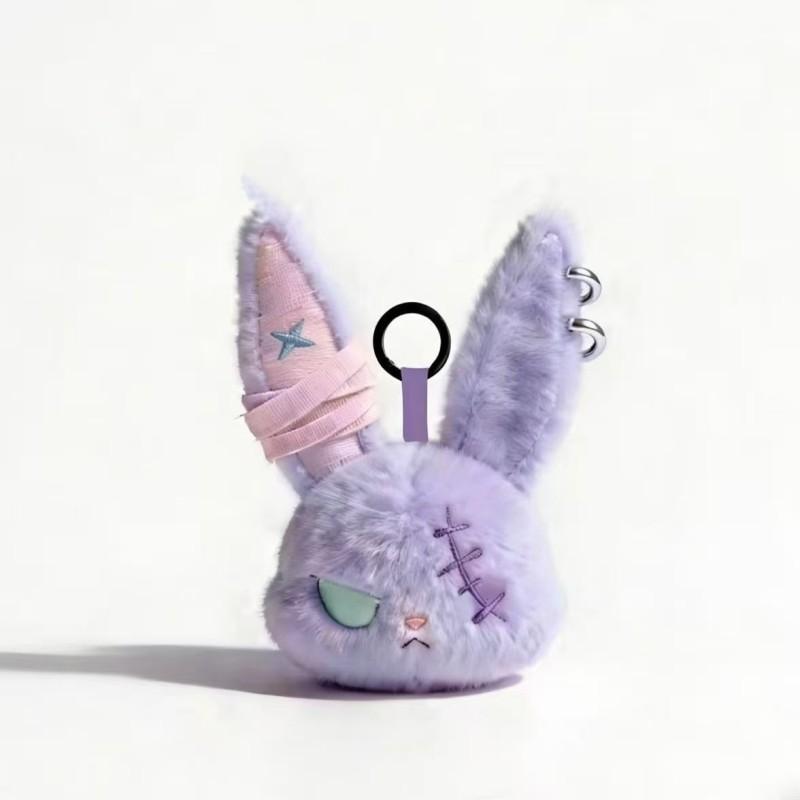 Gothic Bunny Plush Keychain Charm with Bandage Kawaii Key Ring Pendant Car Bag Ornament Halloween Gift Prank Toys