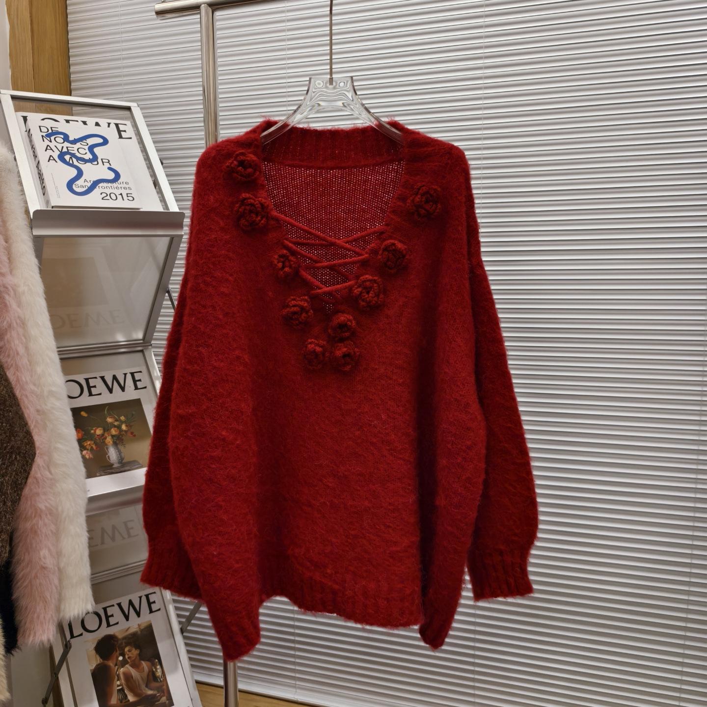 

Элегантный женский трикотаж Весна Новинка Пуловер 3D Цветок Модный топ Корейский свободный крой Длинный рукав V-образный вырез Осенний свитер One Size красный