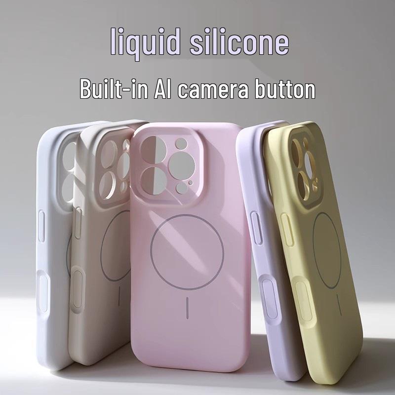 Magnetische Flüssigsilikonhülle mit integriertem Kameraknopf für iPhone 17 Pro Max.