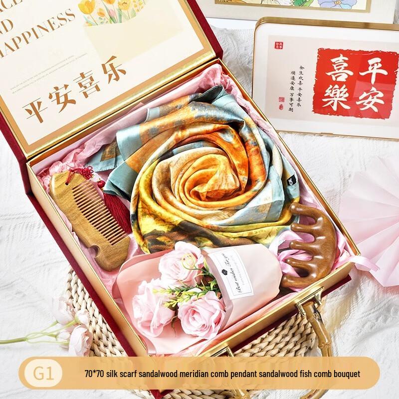 Women's Day Gift Set: Scarf, Sandalwood Combs & Bouquet