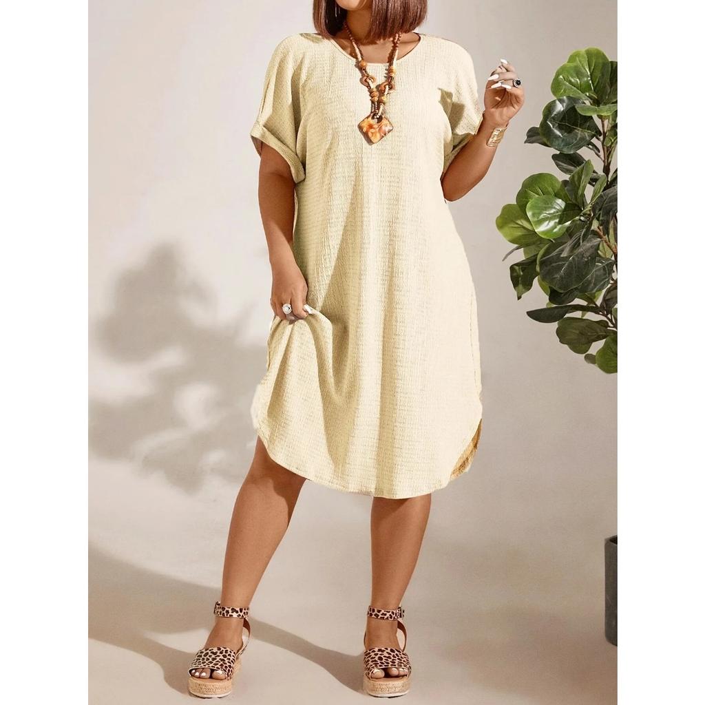 European and American Large-size Women's Clothing New Short-sleeved Solid Color Dress