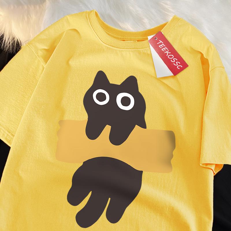 Fun Adhesive Tape Cat Print Japanese Style Short Sleeve Men Women Cotton Oversized T-Shirts Oversized O-Neck New Tops Tees
