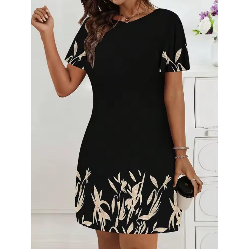 

Women s Simple Printed O Neck Elegant Short Sleeve Dress Summer Bohemian Style Holiday Dresses Y2k Ladies Clothes Women Clothes 6XL