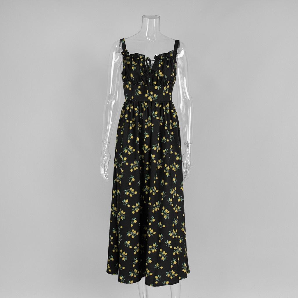 Nuovo Vestito Sottoveste Estivo con Stampa Floreale, Scollo Basso, Vita con Laccio, Spacco Alto, Abito Casual da Festa per Donna