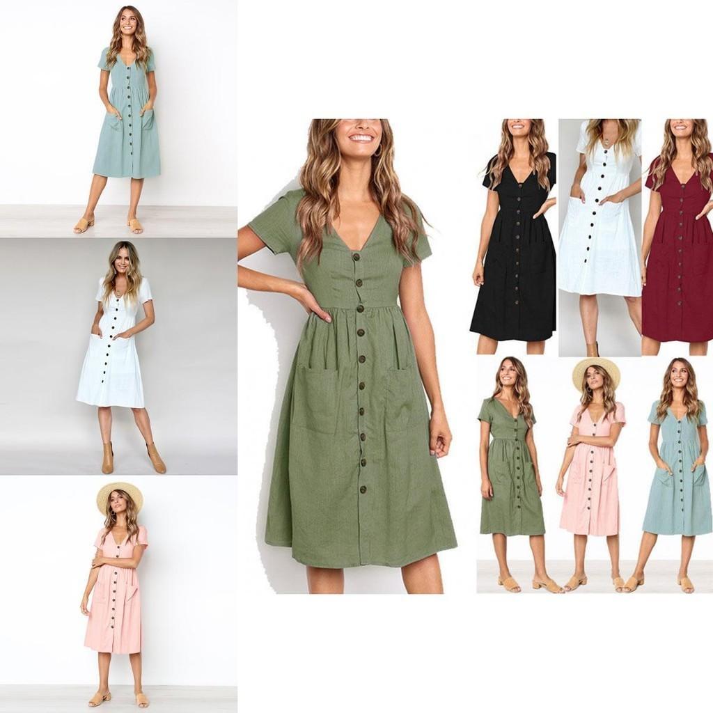Nrj 2020 Hot Sale V-neck Button-up Short Sleeve Women's Dress With Pockets