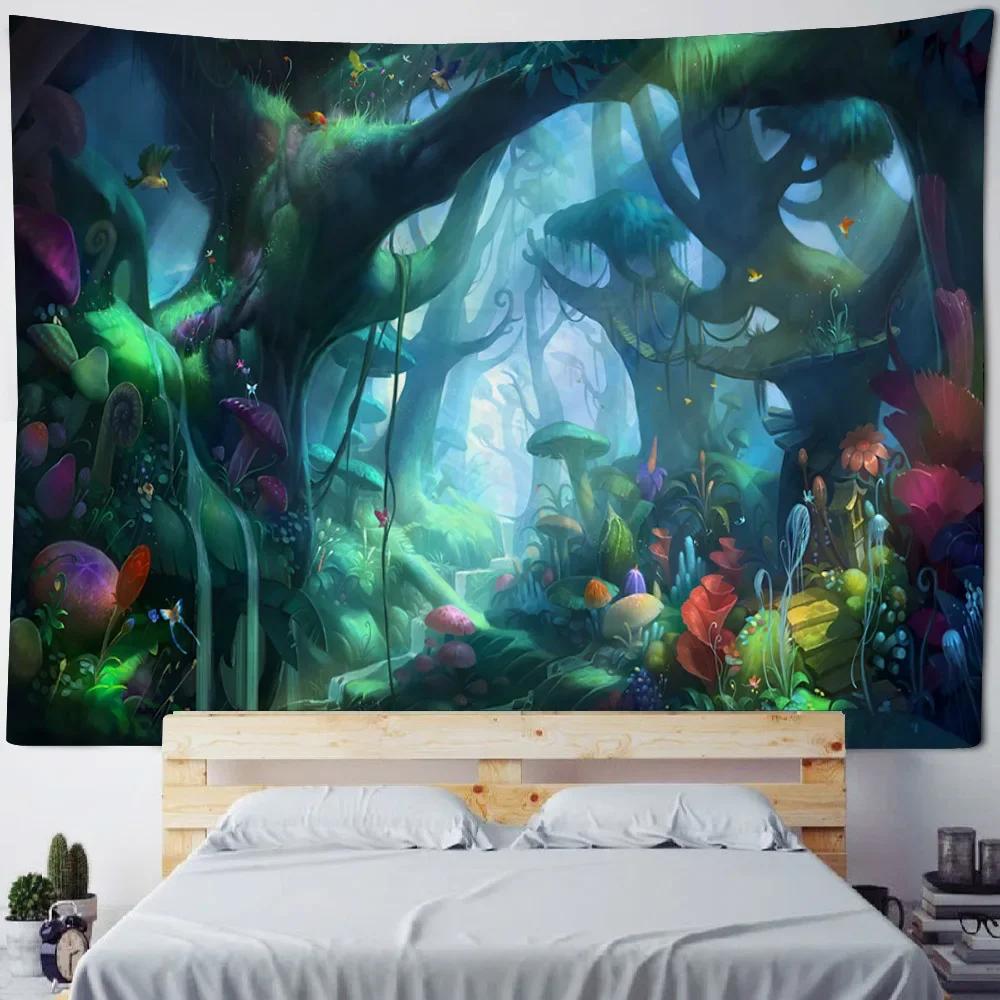 3D Mushroom Forest Printed Tapestry Hippie Wall Hanging Cloth psychedelic Scene Background Poster Bohemian Room Decoration