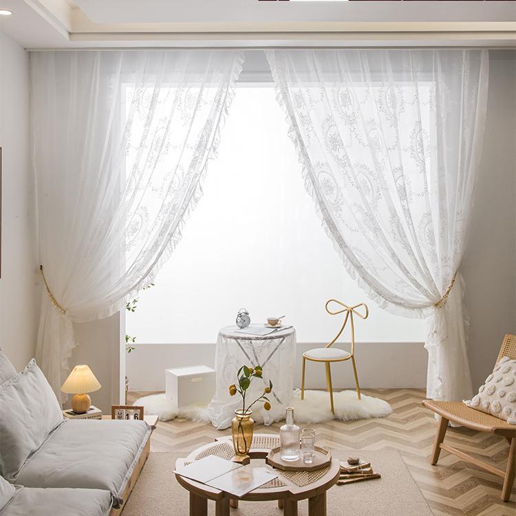 Neue Runde Spiegel Blumen Französische Vorhänge Pastorale Spitze Transparente Vorhänge für Wohnzimmer Schlafzimmer Balkon Erkerfenster Halb-Verdunkelnd Transparente Vorhänge