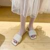 Women's Summer Clip On Flat Bottomed Slippers Casual Square Head Knitted Strap Beach Sandals Shoes 35-42