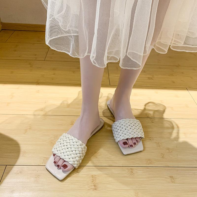 Women's Summer Clip On Flat Bottomed Slippers Casual Square Head Knitted Strap Beach Sandals Shoes 35-42