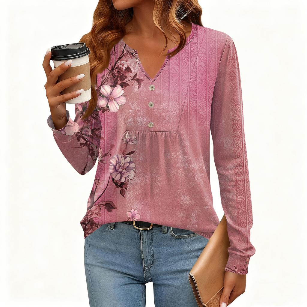 Γυναικείο Χαλαρό, V-λαιμόκοψη, Ρετρό Χρώμα, Μπλοκ με Φλοράλ Σχέδιο, Μακρυμάνικο Πουλόβερ T-shirt