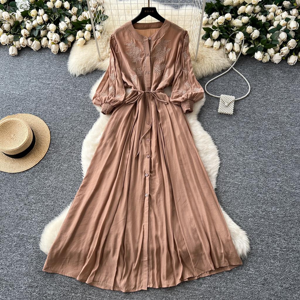 Vintage Elegant Embroidered Button Dress A-line Chic Casual Beach Vacation Women Summer Dresses