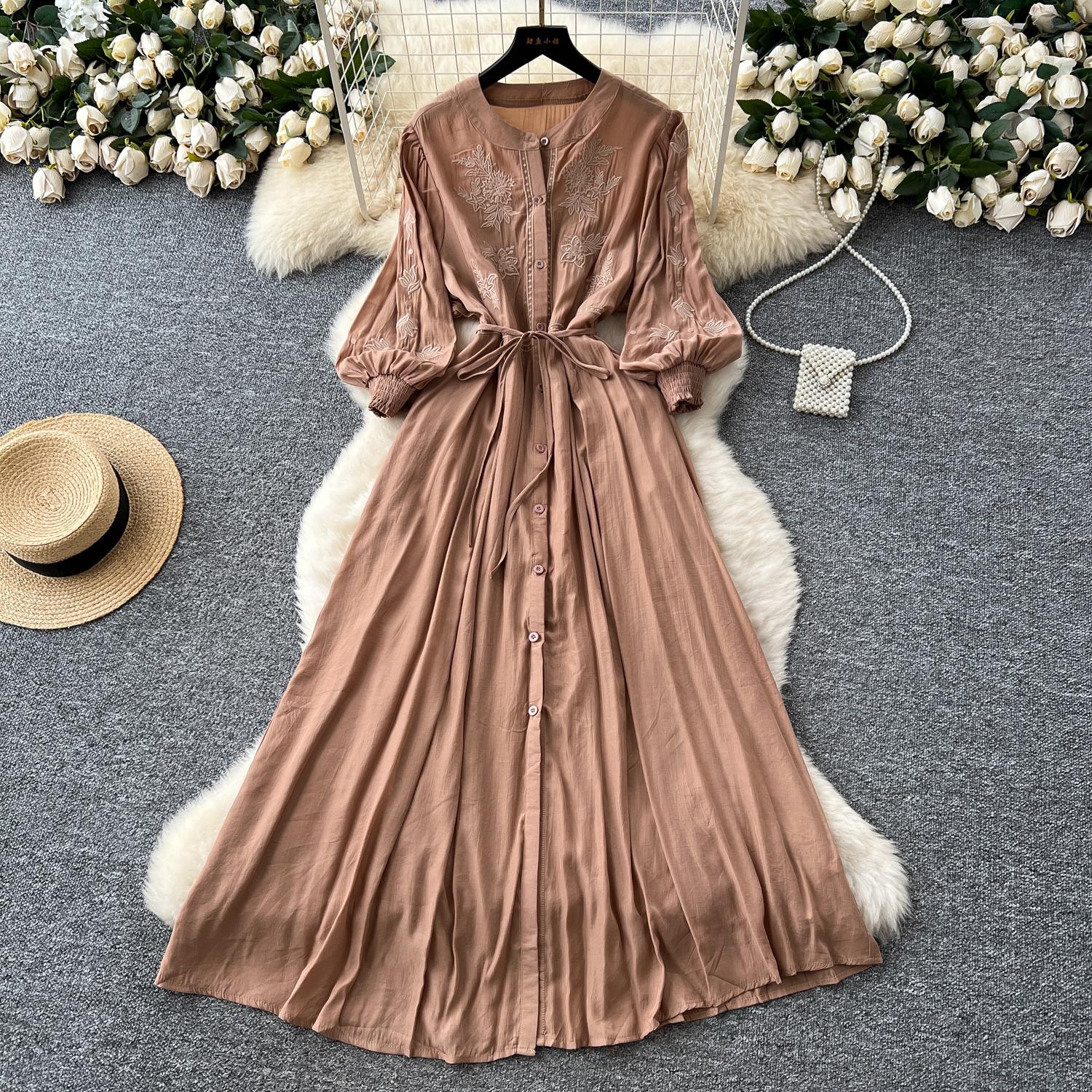 

Винтажное элегантное платье на пуговицах с вышивкой А-силуэта, шикарное, повседневное, для пляжного отдыха, женские летние платья One Size хаки