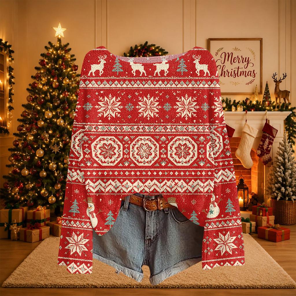 Women's Christmas Print Lightweight Knit Sweater Casual Long Sleeve Pullover Top