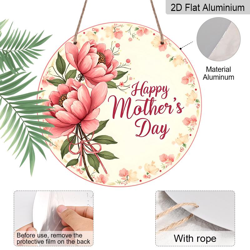 Piatto 2D, 1 pz 7,87 pollici Rotondo Decorazione Murale in Metallo di Alluminio - Segno Bouquet di Peonie Festa della Mamma con Rosa e Peonie, Fogliame Verde e Fiocco con Nastro Rosso