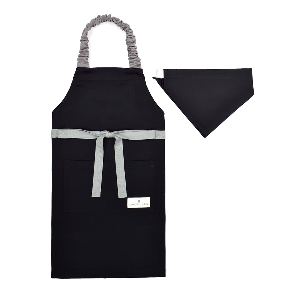COLORFUL CANDY STYLE Apron In Solid and Triangle Scarf Easy To Put On and Take Elementary School N1256140 Children's (100-120cm) Black, Boys' Set,