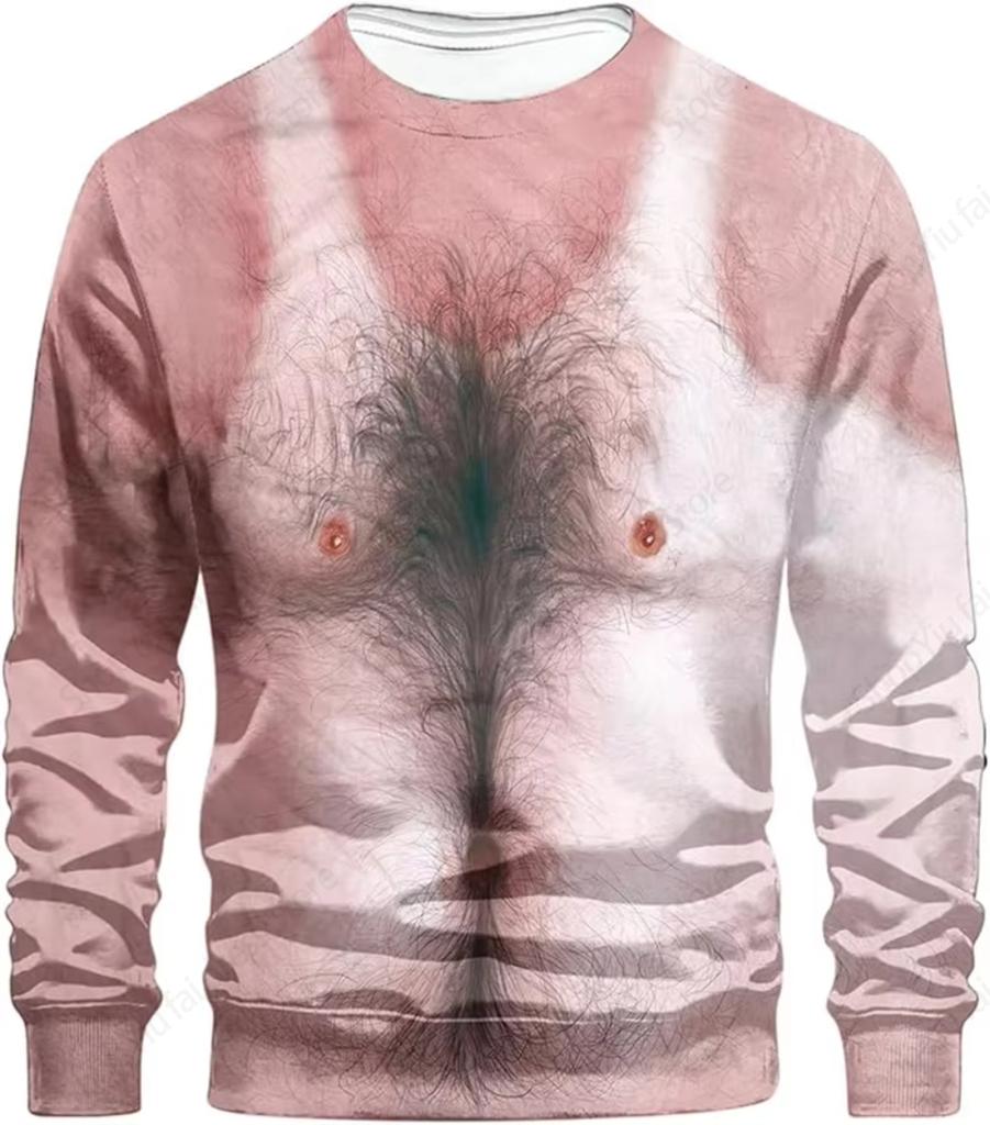 3D Funny Muscle Body Printed T-shirts Slim Oversized Round neck Long Sleeve T-shirts Ugly Chest Hair Tops