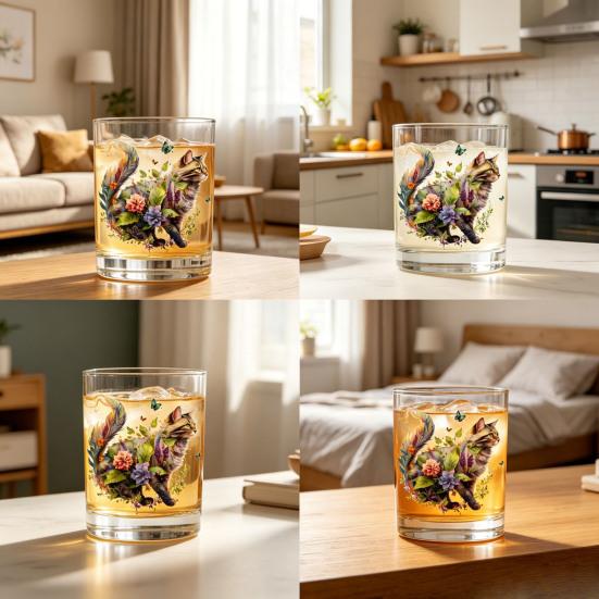 Cute Cat Floral Glass, Juice Coffee Cup, Milk Tea Glass Mug, Artistic Whiskey Coffee Mug for Home Bar, Gift for Cat Lovers