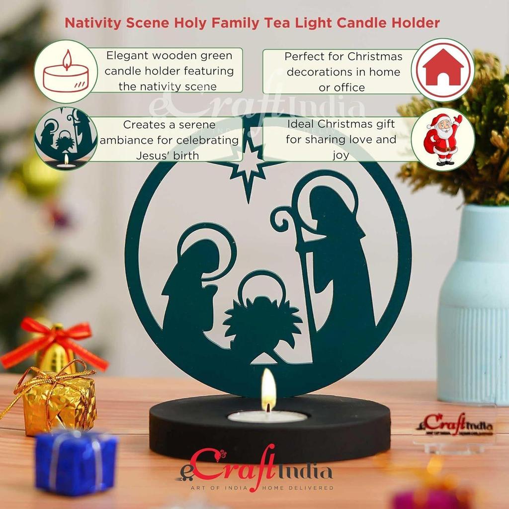 Nativity Scene Holy Family Jesus Birth Decorative Tea Light Candle Holder (Wooden Green)| Christmas Decoration Items for Home Office