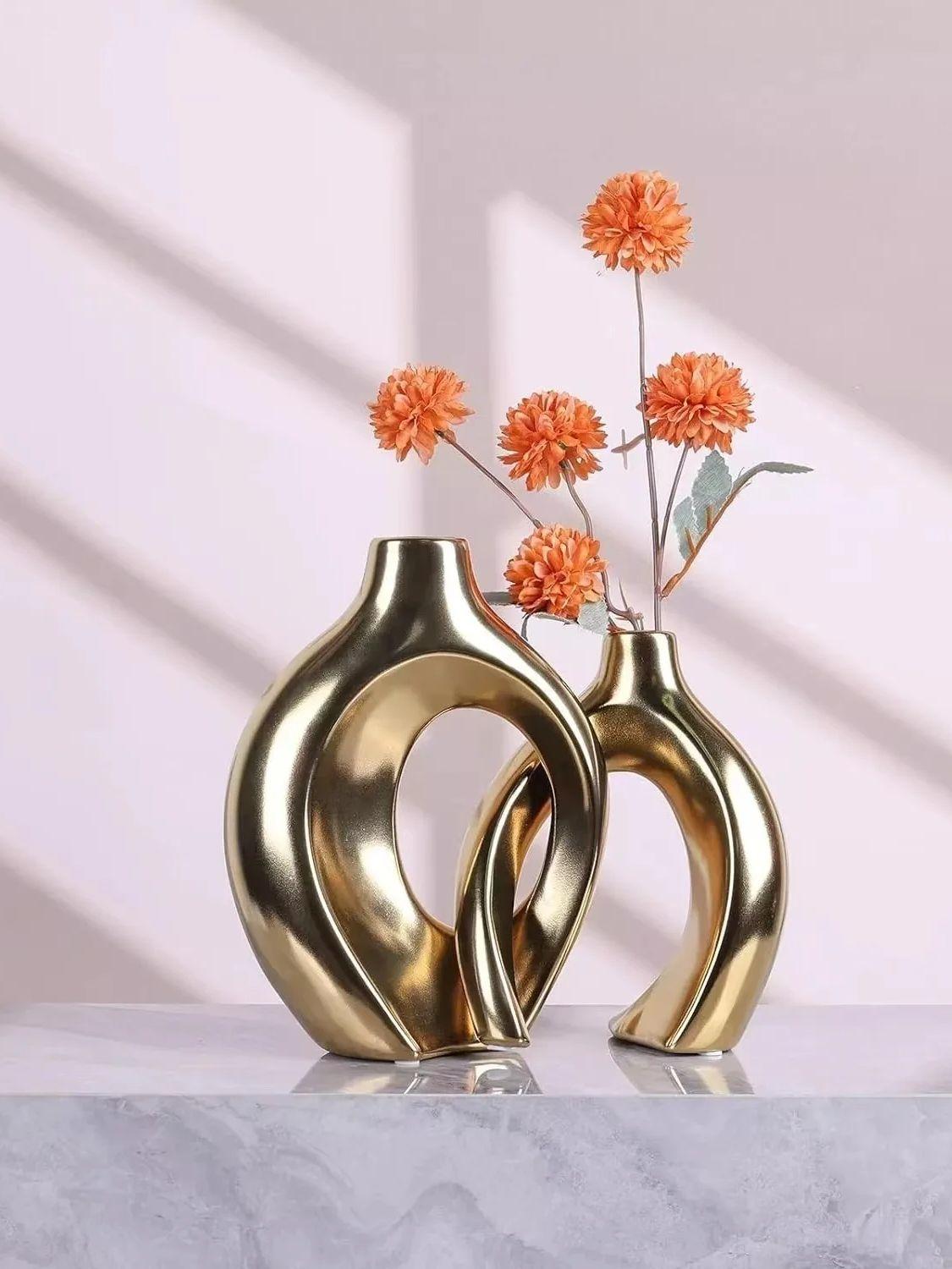 

Набор из 2 золотых керамических ваз для современного домашнего декора, вазы для пончиков в стиле бохо, ваза в стиле скандинавского минимализма золотистый