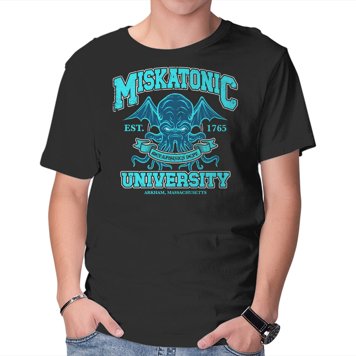Unisex Crew Neck T-Shirt Miskatonic Metaphysics Dept Graphic Short Sleeve Casual Tee XL