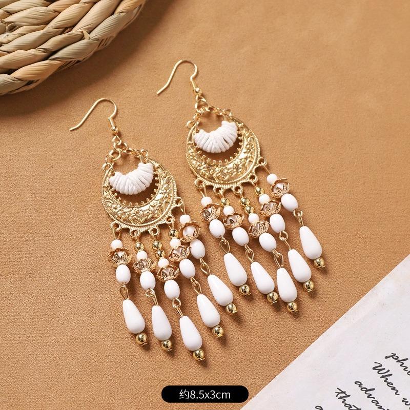 Bohemian Feather Earrings White Long Vintage Personality Tassel Women's Holiday Earrings