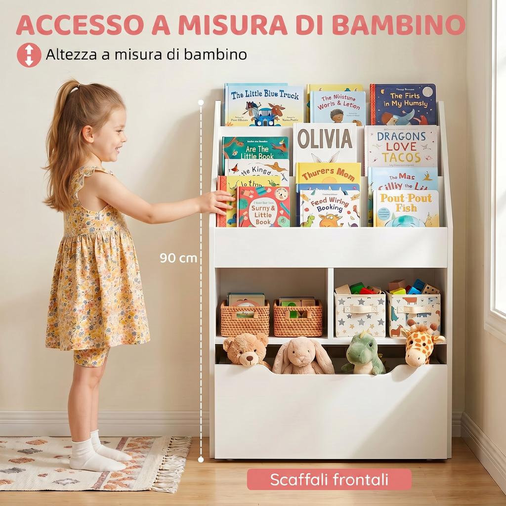 Small Children's Bookcase with Shelves and Drawer In MDF, 60x29.9x90cm, White