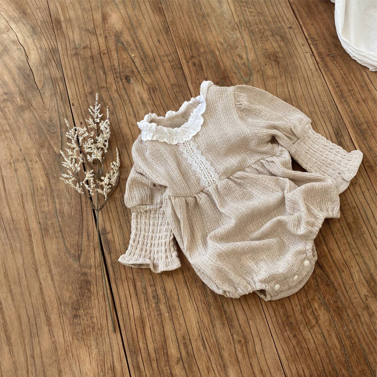 Smocked Lace Trim Jacquard Long Sleeve Baby Girl Romper 66cm