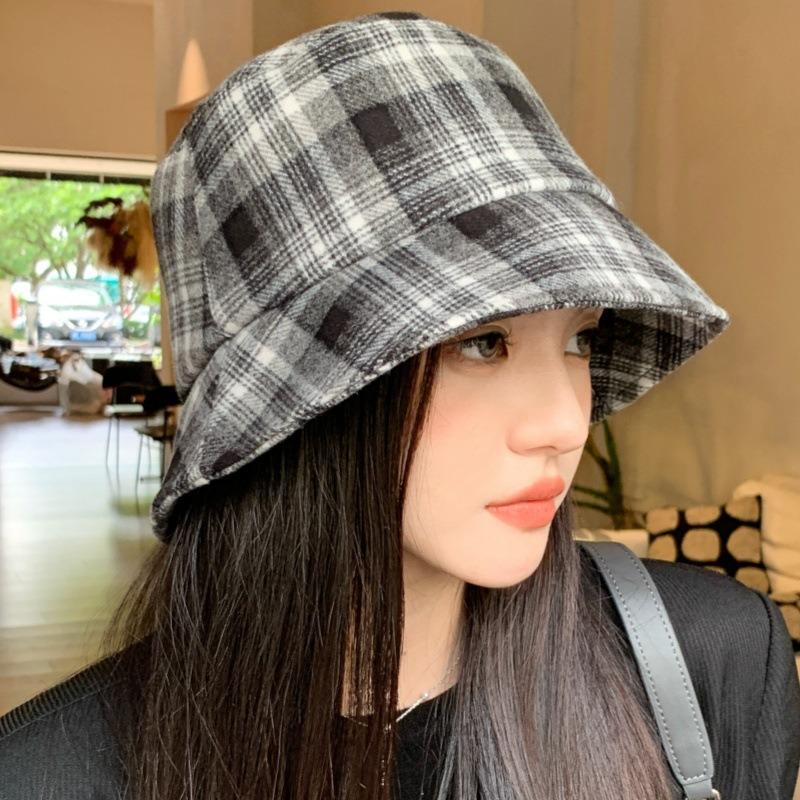 Women S Plaid Bucket Hat Double Sided Foldable Sun Protection Large Head Size Korean Style