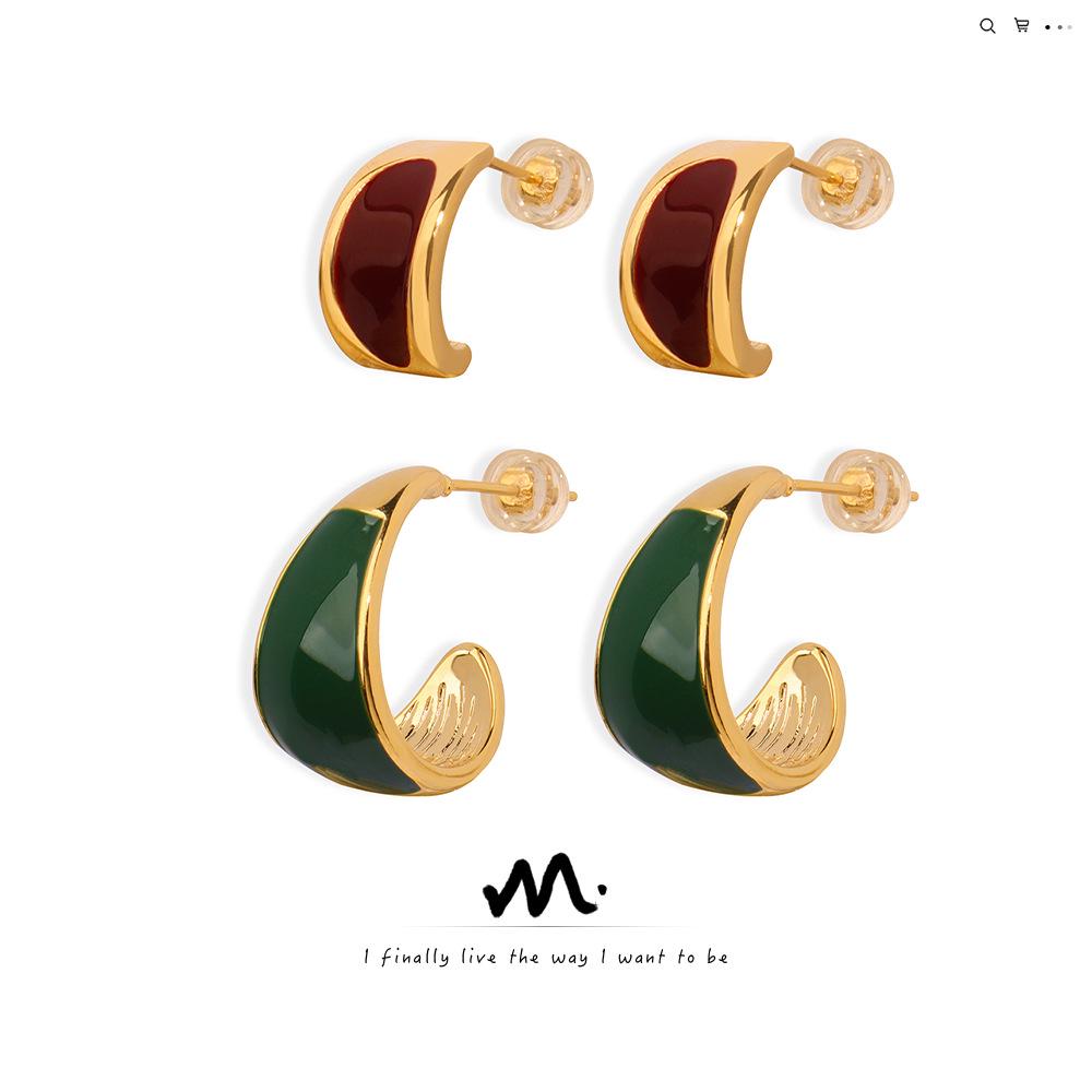 

Retro Copper Crescent Enamel Earrings - European and American Fashion