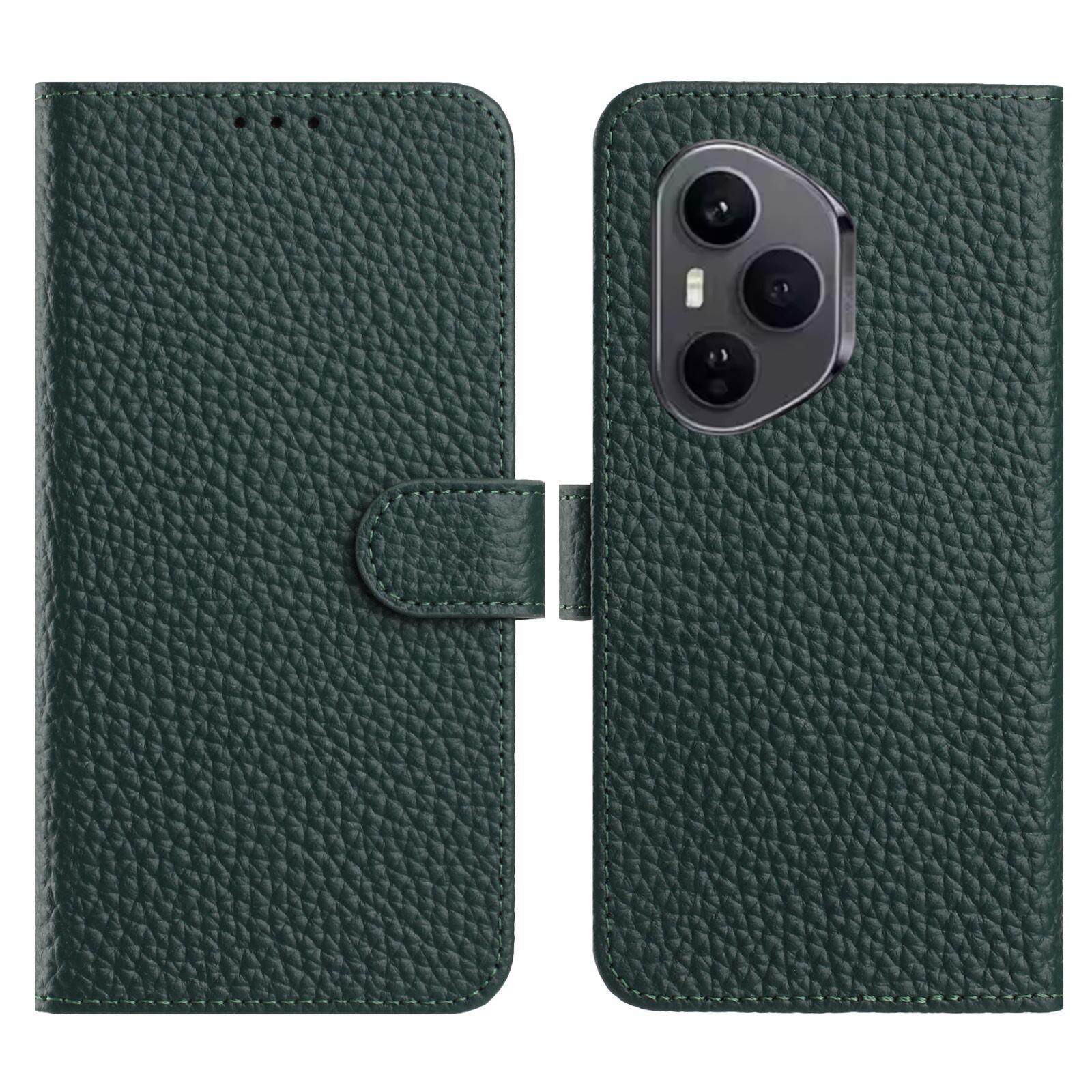 

For Honor 400 Pro 5G (Global) Case Wallet Stand Litchi Texture Genuine Cow Leather Flip Phone Cover Green