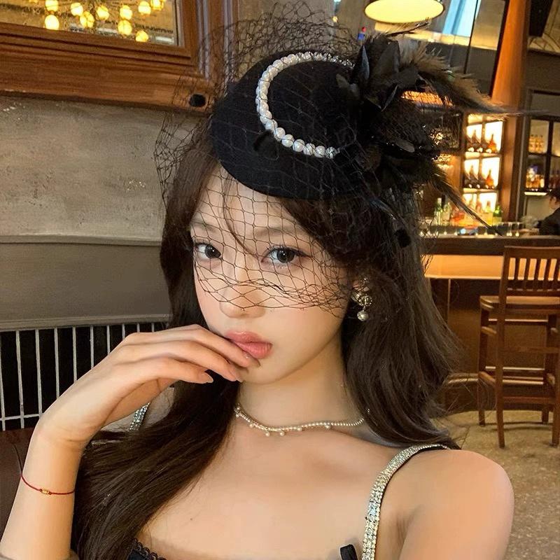 Schwarzes Netz Kopfschmuck Stewardess Hut Französisches Temperament Perlen Haarspange für Frauen